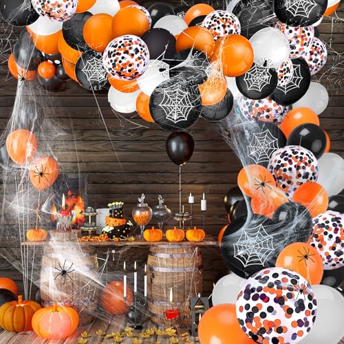 Fewlew Halloween Luftballon Girlande, Halloween Ballons, Halloween Ballonbögen, Halloween Deko Ballons mit Spinnennetz, Fake Spinnen und Ballon für Halloween Party Deko Drinnen Draußen von Fewlew