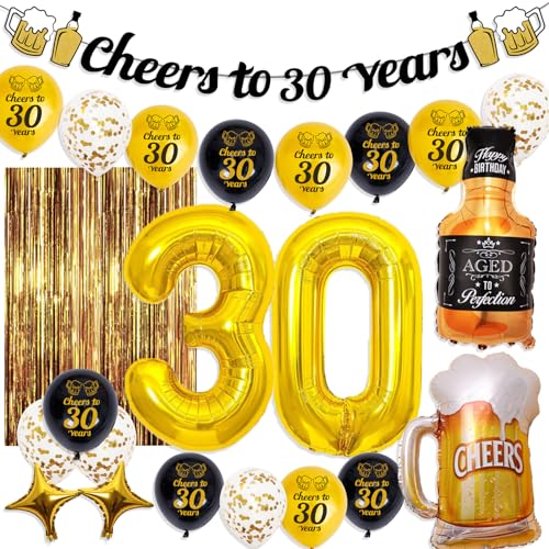 Dekoration zum 30. Geburtstag für ihn, Schwarz und Gold, Dekoration zum 30. Geburtstag, mit Banner Nummer 30, Luftballons, Vorhängen und Luftballons von Fewoni