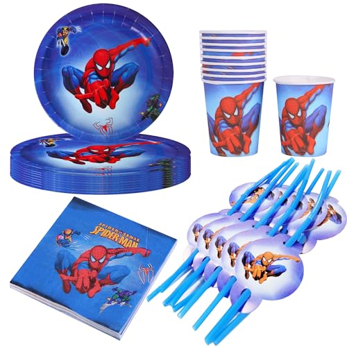 Kinder Geburtstags Party Geschirr Superhelden Spider Serviert 10, einschließlich Kuchen Teller, Stroh, Tasse und Serviette Partyzubehörsets von Fexinshern