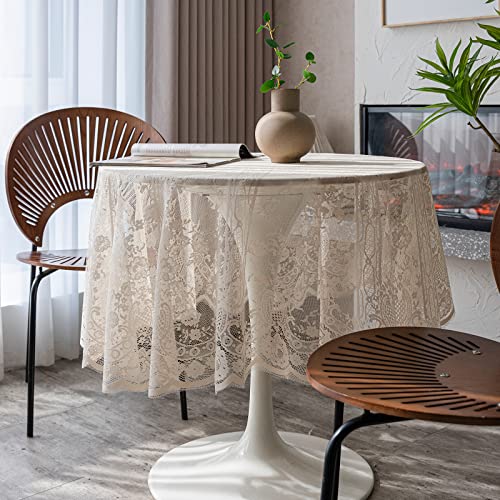 Beige Spitze Tischdecke Bestickt Elegante Blumenmuster Tischtuch Runde Overlay Tischdecke für Hochzeit Party Urlaub Lange Abendessen Home Decor (Rund-190CM/75, Beige) von Fhberni