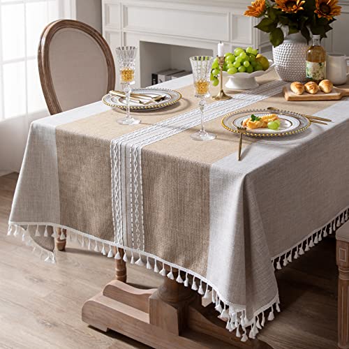 Bestickte quadratische Tischdecke Kariert Rustikal Knitterfrei Stoff Tischdecke für Küche Essen Party Urlaub, Braun gestreift, 140 x 140 cm von Fhberni