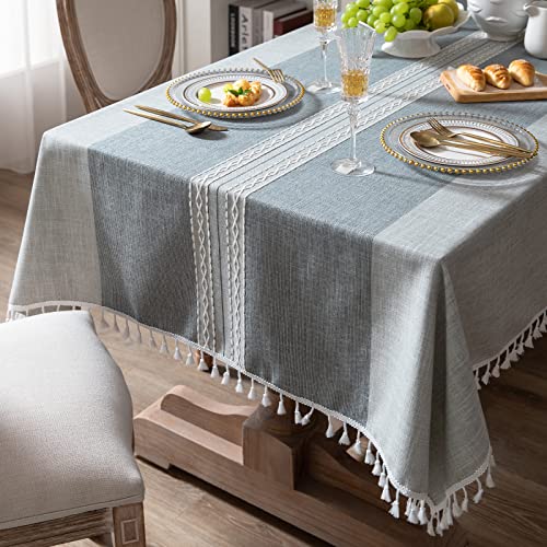 Bestickte quadratische Tischdecke Kariert Rustikal Knitterfrei Stoff Tischdecke für Küche Essen Party Urlaub, Grau gestreift, 140 x 140 cm von Fhberni