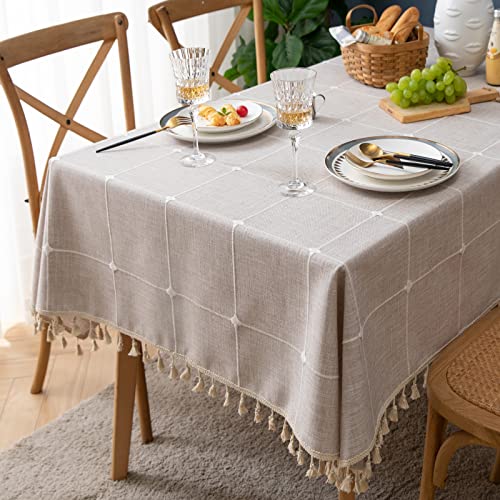 Bestickte rechteckige Tischdecke Kariert Rustikal Knitterfrei Stoff Tischdecke für Küche Essen Party Urlaub, Braun kariert, 140 x 180 cm von Fhberni