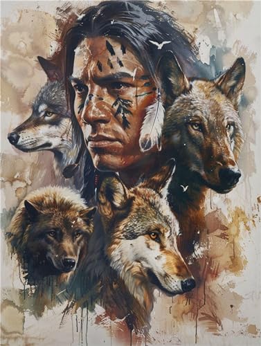 Indianer Malen Nach Zahlen Erwachsene, Wolf Malen Nach Zahlen Klein 50x70cm, DIY Handgemalt Ölgemälde Kit für Anfänger Bastelset Erwachsene, Acrylfarben Set Wand Deko Bilder Ohne Rahmen, Geschenk von Fheeao