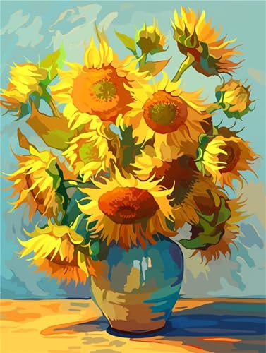 Malen nach Zahlen Erwachsene Van Gogh DIY Ölmalerei Sonnenblume Malen nach Zahlen Kinder Kits, auf Leinwand Acrylmalerei Nach Zahlen mit Pinseln Leinwand, Zimmer Deko Wohnzimmer 40x50cm (Rahmenlos) von Fheeao