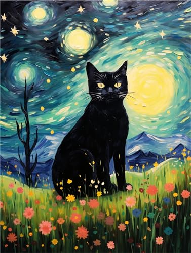 Malen nach Zahlen Erwachsene schwarze Katze Ölmalerei sternenklarer Himmel Malen nach Zahlen Kinder, Leinwand Acrylmalerei Nach Zahlen mit Pinseln Leinwand, Zimmer Deko Wohnzimmer 50x70cm (Rahmenlos) von Fheeao