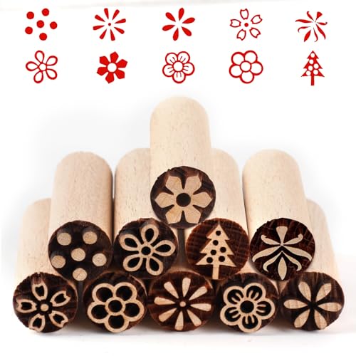 Fhioevt 10 Stück Holzstempel Ton Stempel Keramik Stempel Holz Blume Tontöpferstempel Holzkeramikstempel Runde Holzgriffstempel Dekorativer Handgeschnitzte Stempelset für Ton Kekse Modellieren von Fhioevt