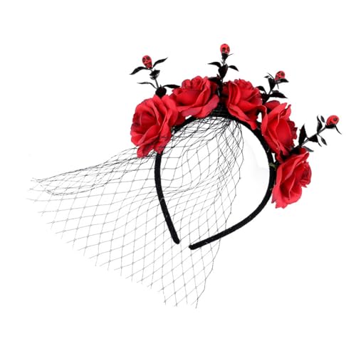 Fhkpsqkcn Eleganter Haarreif aus Rose und Tüll, für Halloween, Festlichkeiten, verstellbare Größe, Stirnband, bequemes Haarband, Party-Ornament von Fhkpsqkcn