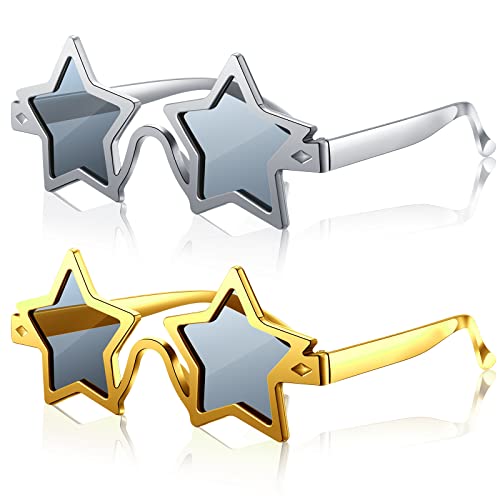 2 Stück Stern Sonnenbrillen Pentagramm Sonnenbrillen Sternförmige Spaßbrille Lustige Brille Stern Partybrille für Kostüm Cosplay Party Erwachsene Kinder Foto Requisiten (Gold, Silber) von Fiada