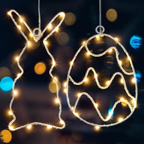 Fiada 2er Set Osterdeko LED Fenster Licht Enthalten 1 Osterhase Lichterkette LED und 1 Ostereier Hängende Lichterkette Osterbeleuchtung Ostereier zum Aufhängen Lichterkette mit Haken für Innen von Fiada