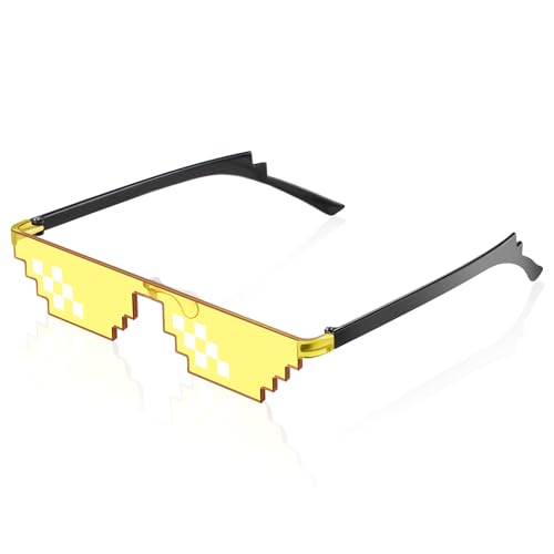 Fiada 8 Bit Pixel Mosaik Brille Unisex Sonnenbrille UV Schutz Spieler Sonnenbrille Coole Brille für Männer Frauen Kinder Foto Requisiten (Gelb, Eleganter Stil) von Fiada