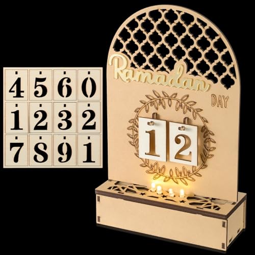 Fiada Eid al-Adha Countdown Kalender Ramadan Kalender mit LED Eid al-Adha Deko Aus Holz, Eid al-Adha Mubarak Dekoration, Ramadan Kalender für Familien von Fiada