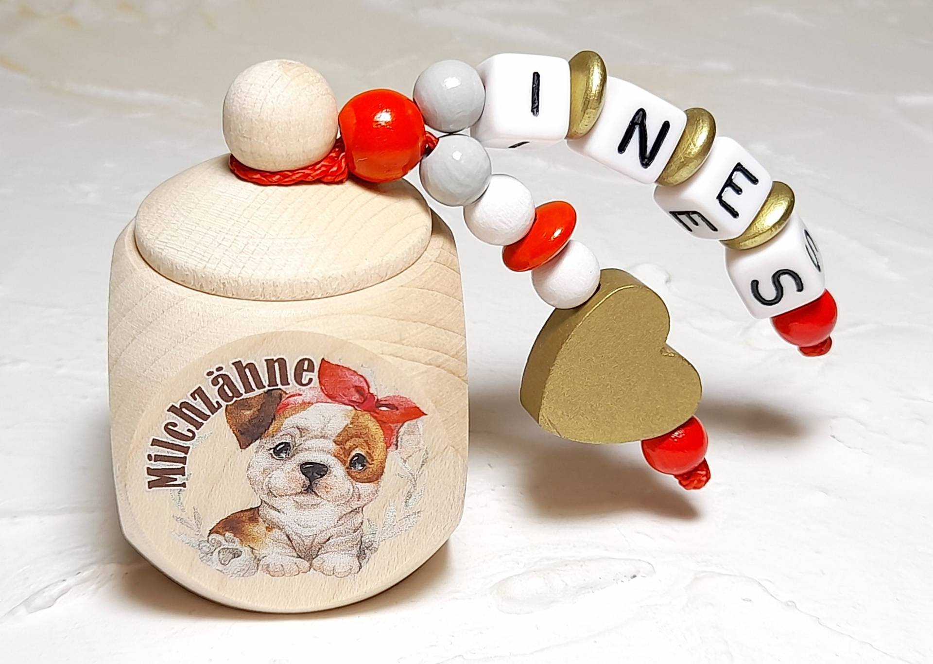 Milchzahndose "Bulldogge". Personalisiert Mit Namen Beige Rot Grau Gold Weiß Einschulung Zahn Zahnfee Aufbewahrung Hund Erste Zähnchen Herz von Fibolini