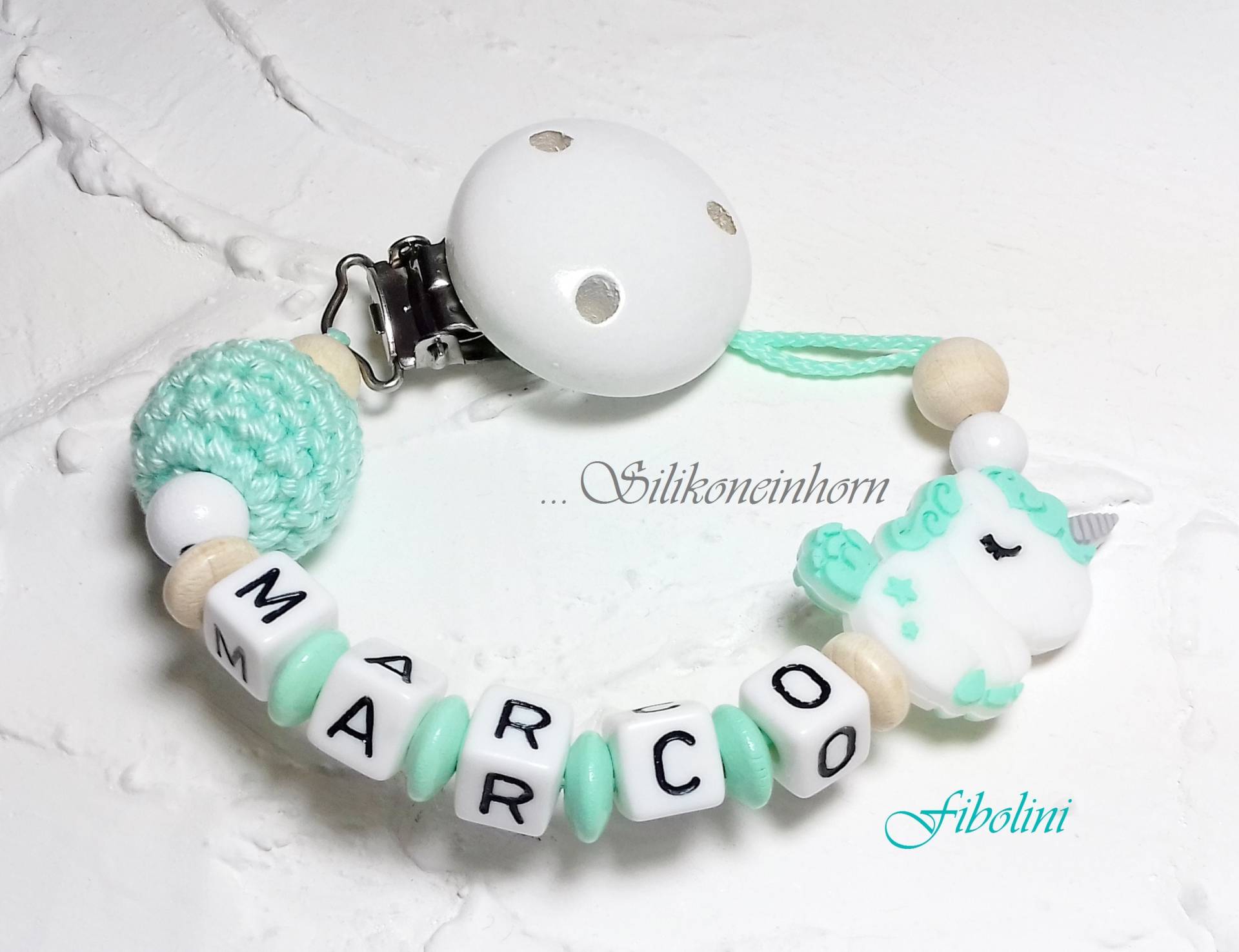 Schnullerkette "Einhorn". Mint, Beige, Weiß, Häkelperle, Nuckelkette, Schnullerhalter, Silikonadapter, Diy, Personalisiert, Schnullerband von Fibolini