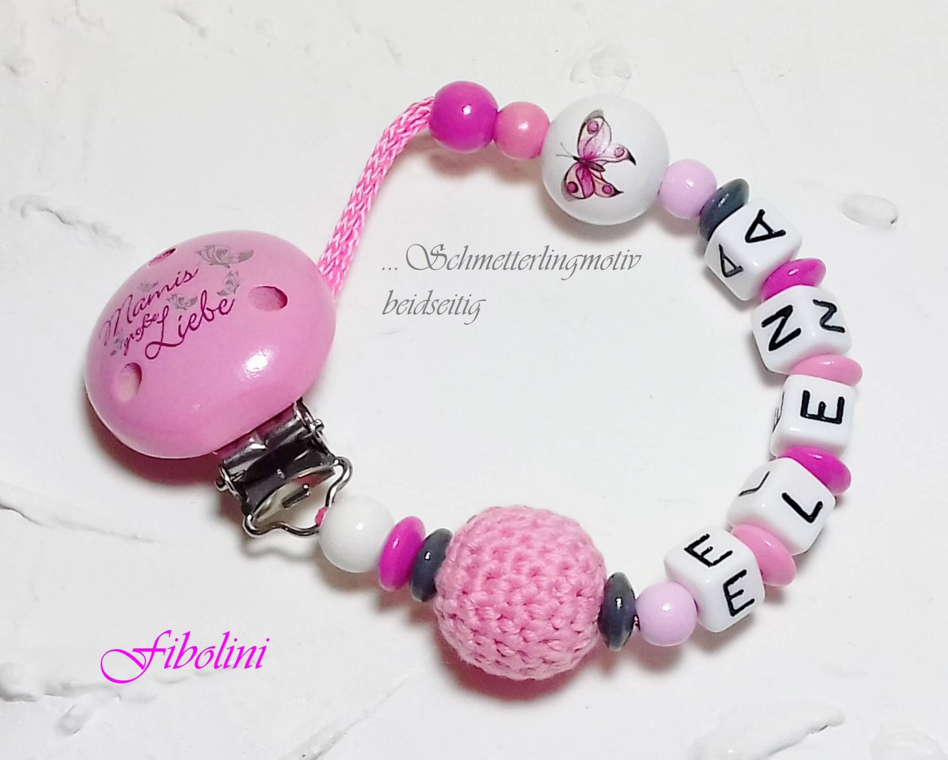 Schnullerkette "Mamis Grosse Liebe". Schmetterling, Rosa, Weiß, Grau, Mädchen, Name, Personalisierung, Nuckelkette, Schnullerband, Handmade von Fibolini