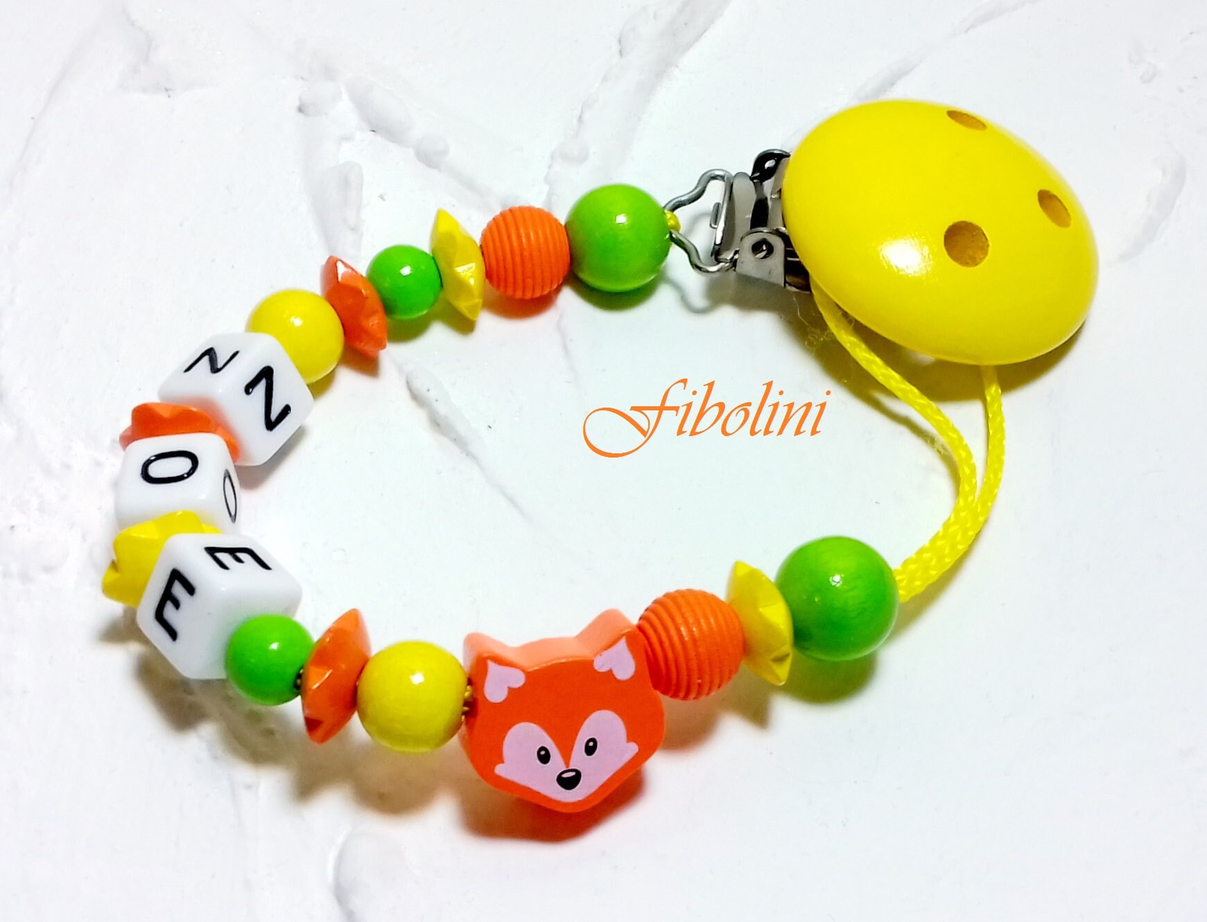 Schnullerkette "Schlauer Fuchs". Mädchen, Junge, Mit Namen, Gelb, Orange, Grün, Schnullerhalter, Personalisierung, Geschenk Zur Geburt, Diy von Fibolini