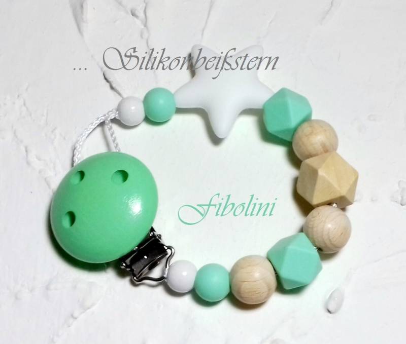 Schnullerkette Star. Schnuller, Für Mädchen Junge, Mint Beige Weiß, Schwangerschaft Verkünden, Babyparty Geschenke, Holzperlenkette, Eltern von Fibolini