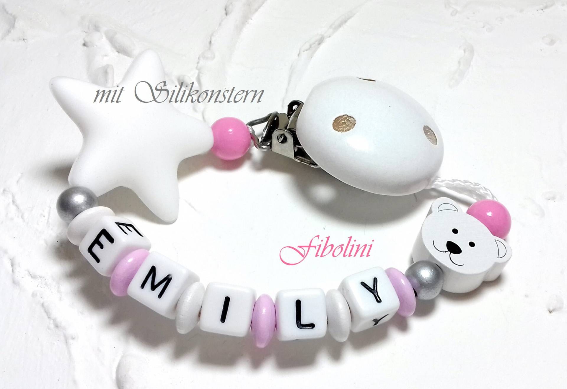 Schnullerkette "Teddy" Silikonbeißstern. Taufe, Geburt, Babyparty, Silber, Weiß, Rosa, Schnullerhalter, Personalisiert, Mit Namen, Girl von Fibolini