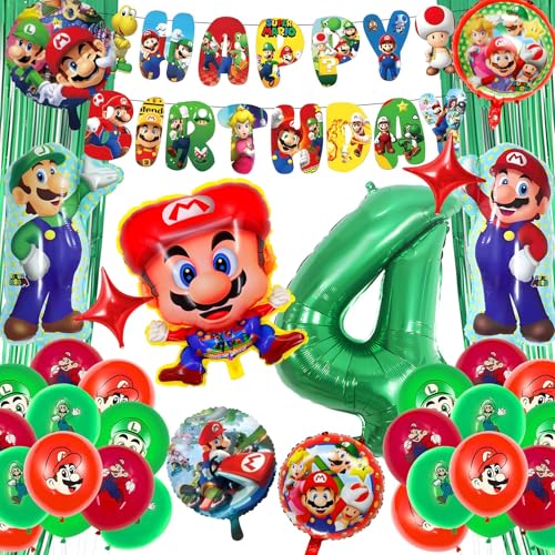 Ficlwigkis Dekoration zum Geburtstag Mario, 3-8 Jahre, 3D-Partyballons, Mario, Geburtstag, Dekoration, enthält Ballon, Banner, Geburtstagsvorhang, für Jungen (4 Jahre) von Ficlwigkis