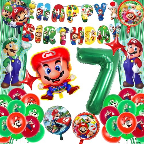 Ficlwigkis Dekoration zum Geburtstag Mario, 3-8 Jahre, 3D-Partyballons, Mario, Geburtstag, Dekoration, enthält Ballon, Banner, Geburtstagsvorhang, für Jungen (7 Jahre) von Ficlwigkis