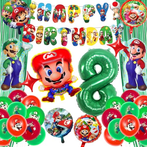 Ficlwigkis Dekoration zum Geburtstag Mario, 3-8 Jahre, 3D-Partyballons, Mario, Geburtstag, Dekoration, enthält Ballon, Banner, Geburtstagsvorhang, für Jungen (8 Jahre) von Ficlwigkis