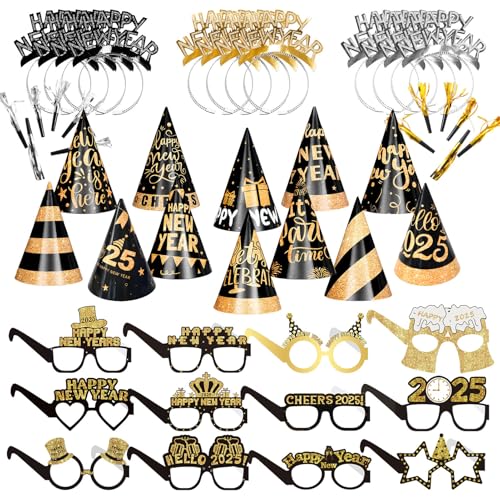 Ficlwigkis Silvester Deko 2025 Silvester Deko 2025 Party Set Silvester Accessoires Partyhüte Partytröten Happy New Year Haarreif Brille Silvester Deko Schwarz Gold Silber Neujahr Dekoration (Gold) von Ficlwigkis