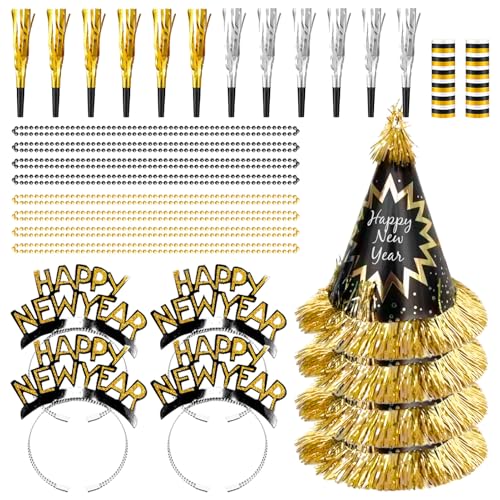 Ficlwigkis Silvester Deko 2025 Silvester Deko 2025 Party Set Silvester Accessoires Partyhüte Partytröten Happy New Year Haarreif Brille Silvester Deko Schwarz Gold Silber Neujahr Dekoration (Schwarz) von Ficlwigkis