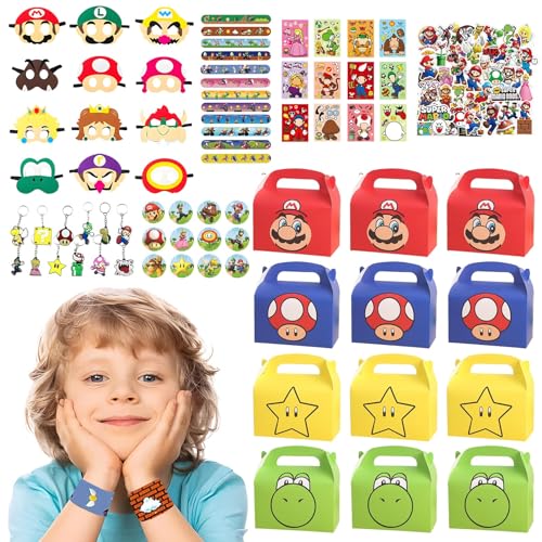 Ficlwigkis Super Bro Partytüten, 122 Stück, Super Brothers für Kinder + Badge + Armband + Maske + Schlüsselanhänger + Aufkleber für Kinder, Dekoration für Geburtstagsfeiern von Ficlwigkis