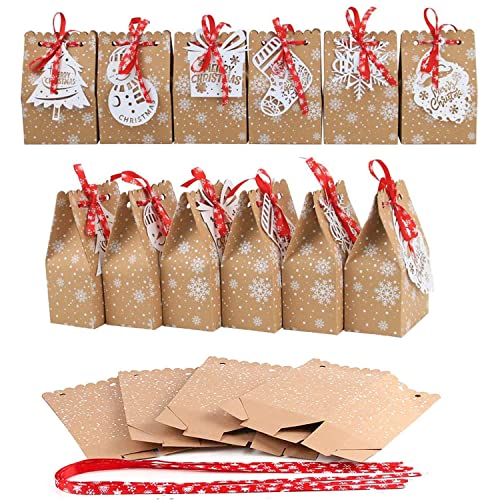 Fictezlove 24 Stück Geschenktüten Weihnachten, Große Kapazität Weihnachtstüten Papiertüten Klein mit 24 Weihnachten Etikett und Rotes Band, Bonbontüten aus Kraftpapier für Weihnachts Geschenk von Fictezlove