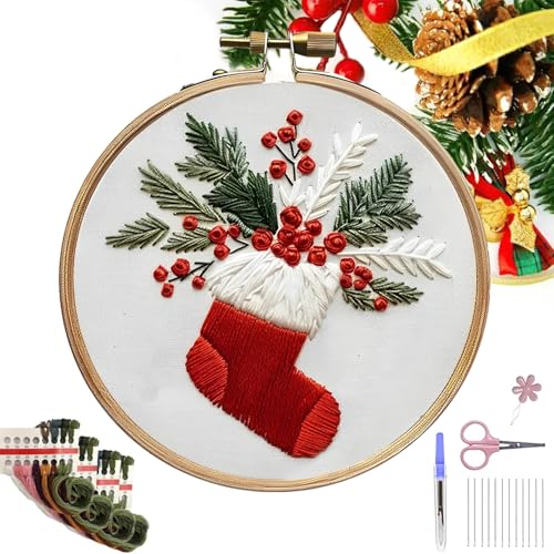 Christmas Embroidery Kit, Sticksets Anfänger Erwachsene, Weihnachts-sticksets Für Anfänger, Kreuzstich Set Vorgedruckt Anfänger Weihnachten, Pilz Sticken Set Erwachsene Tools Kit Mit Stickrahmen von Ficugxd