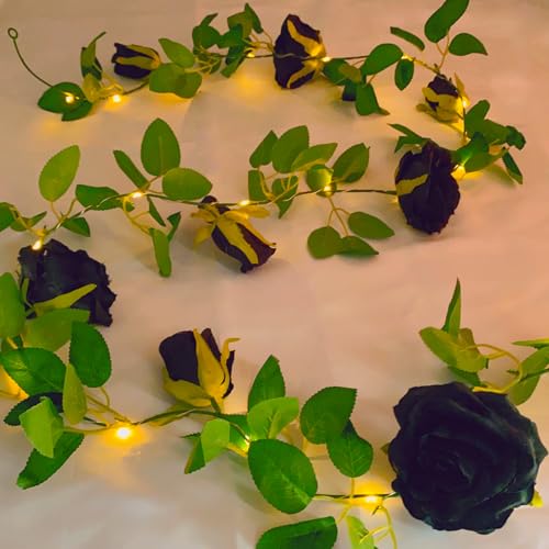 Fielegen Künstliche schwarze Halloween-Girlande, künstliche Rosenranke, Wanddekoration, Kunstpflanzen, Rosenranke mit 20 LED-Lichterketten, batteriebetrieben, für Garten, Hochzeit, Dekoration, ca. 20 von Fielegen