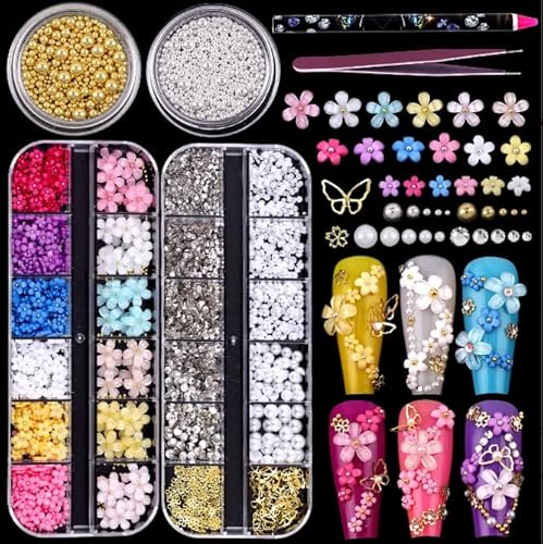 Nagelschmuck, 3D Nageldekorations Sets, Nagel Deko Nagelstecker Strasssteine für Manicure DIY Crafts Jewelry Accessories Acryl-Frühlingsblüte, kleine Blumen, Herz-Perlen, Nagel-Charms von FiexGhau