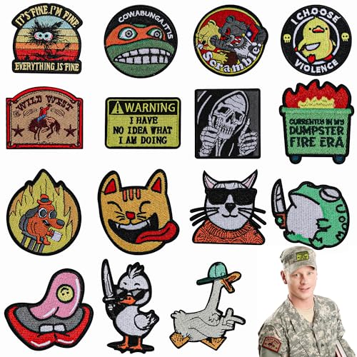 15 Stück lustige taktische Patches, voll bestickte Klett-Patches für Rucksäcke, Militär-Moral-Patches mit verschiedenen Stilen, DIY-Kleidungszubehör für Hut, Weste, Geschirr, Kappe, Tasche, Helm von Figall