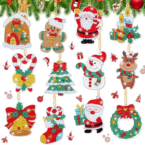 Figarge 5D Diamond Painting Weihnachten Anhänger, 12 Stück DIY Diamant Malerei Schlüsselanhänger Weihnachtsmann Diamond Painting Schlüsselanhänger Doppelseitige Schneemann Diamant Malerei DIY Kit von Figarge