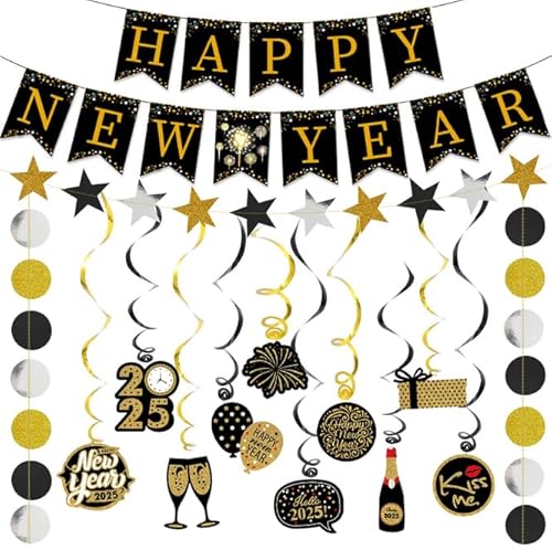 Silvester Deko 2025 Party Set Happy New Year Girlande Banner Bunting Brille Silvester Foto Requisiten Luftballons Silvester 2025 Silvester Party Dekoration (Gold-1) von Figarge