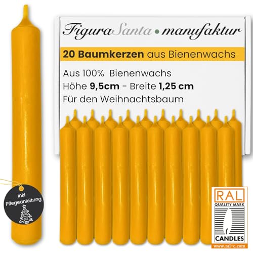 Figura Santa® BAUMKERZEN 20x Premium Kerzen aus 100% reinem BIENENWACHS - Bienenwachskerzen Geburtstagskerzen Christbaumkerzen H10 Ø1,25 cm ca. 2.5 h Brenndauer/Kerze von Figura Santa