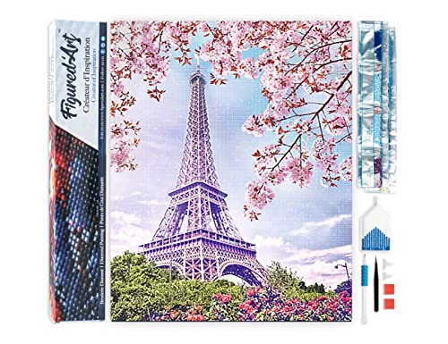 Figured'Art Diamond Painting Erwachsene 40x50cm Ganze Leinwand gerollt Eiffelturm im Frühling 5D Bilder Eckige Steine - DIY Set Basteln von Figured'Art