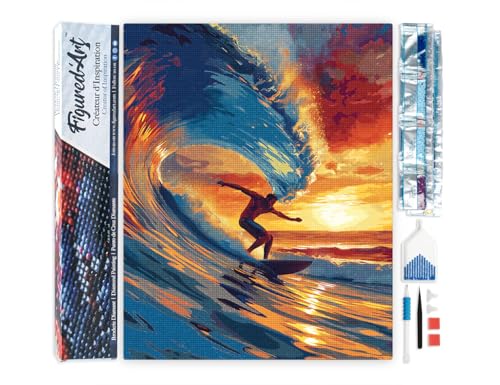 Figured'Art Diamond Painting Erwachsene 40x50cm Ganze Leinwand gerollt Großwellen-Surfen 5D Bilder Eckige Steine - DIY Set Basteln von Figured'Art