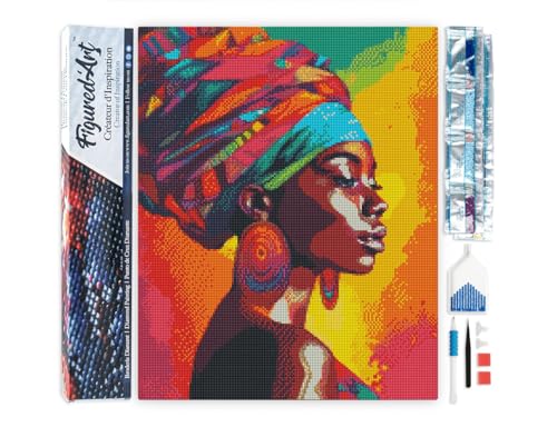 Figured'Art Diamond Painting Erwachsene 40x50cm Ganze Leinwand gerollt Lebhafte Afrikanische Dame 5D Bilder Eckige Steine - DIY Set Basteln von Figured'Art