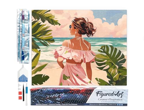 Figured'Art Diamond Painting Erwachsene 40x50cm Ganze Leinwand gerollt Liebliches Mädchen am Meer 5D Bilder Eckige Steine - DIY Set Basteln von Figured'Art