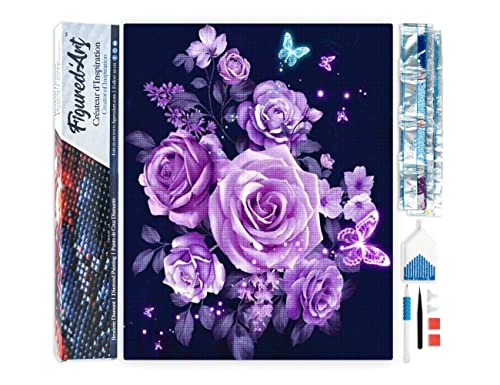 Figured'Art Diamond Painting Erwachsene 40x50cm Ganze Leinwand gerollt Lila Blumen und Schmetterlinge 5D Bilder Eckige Steine - DIY Set Basteln von Figured'Art