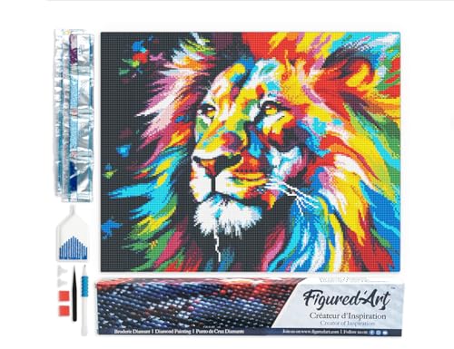 Figured'Art Diamond Painting Erwachsene 40x50cm Ganze Leinwand gerollt Löwe Farbenfroh Abstrakt 5D Bilder Eckige Steine - DIY Set Basteln von Figured'Art