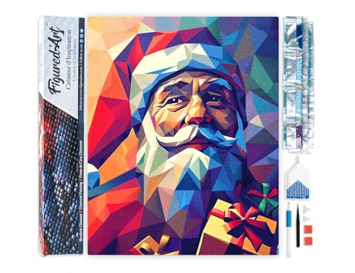 Figured'Art Diamond Painting Erwachsene 40x50cm Ganze Leinwand gerollt Polygon-Weihnachtsmann 5D Bilder Eckige Steine - DIY Set Basteln von Figured'Art