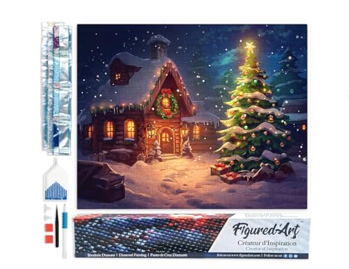 Figured'Art Diamond Painting Erwachsene 40x50cm Ganze Leinwand gerollt Schneebedeckte Weihnachtshütte 5D Bilder Eckige Steine - DIY Set Basteln von Figured'Art