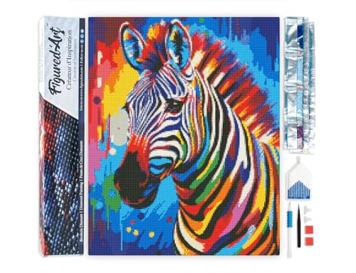 Figured'Art Diamond Painting Erwachsene 40x50cm Ganze Leinwand gerollt Zebra Farbenfroh Abstrakt 5D Bilder Eckige Steine - DIY Set Basteln von Figured'Art