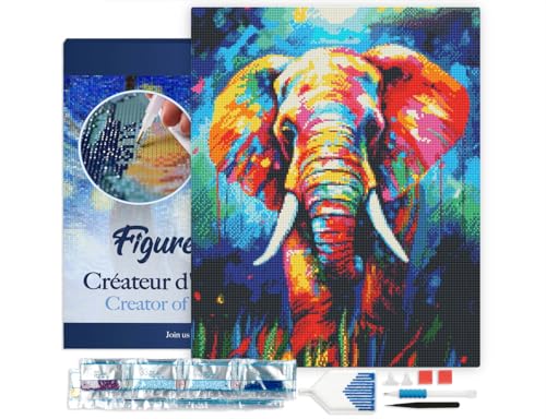 Figured'Art Diamond Painting Erwachsene 40x50cm Mit Rahmen Ganze Leinwand gespannt Elefant Farbenfroh Abstrakt 5D Bilder Eckige Steine - DIY Set Basteln von Figured'Art