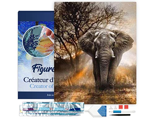 Figured'Art Diamond Painting Erwachsene 40x50cm Mit Rahmen Ganze Leinwand gespannt Elefant in der Savanne 5D Bilder Eckige Steine - DIY Set Basteln von Figured'Art