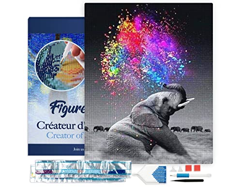 Figured'Art Diamond Painting Erwachsene 40x50cm Mit Rahmen Ganze Leinwand gespannt Elefant und Farben 5D Bilder Eckige Steine - DIY Set Basteln von Figured'Art