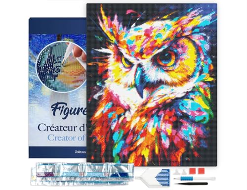 Figured'Art Diamond Painting Erwachsene 40x50cm Mit Rahmen Ganze Leinwand gespannt Eule Farbenfroh Abstrakt 5D Bilder Eckige Steine - DIY Set Basteln von Figured'Art