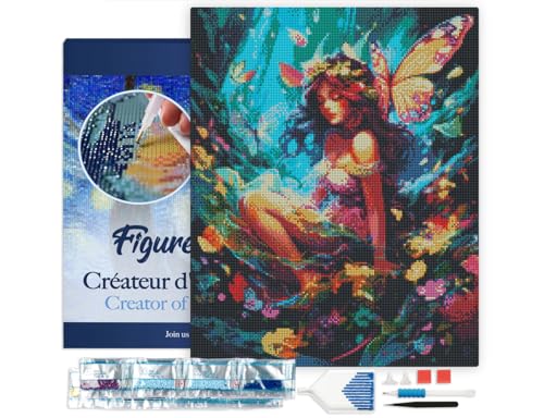 Figured'Art Diamond Painting Erwachsene 40x50cm Mit Rahmen Ganze Leinwand gespannt Fee und Schmetterlinge 5D Bilder Eckige Steine - DIY Set Basteln von Figured'Art